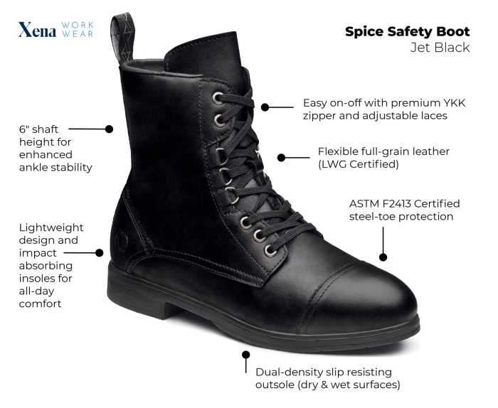 alternate view #6 of: Xena Workwear XESPBL1 Women's Spice Safety Boot, Jet Black, Steel Toe, Side Zipper